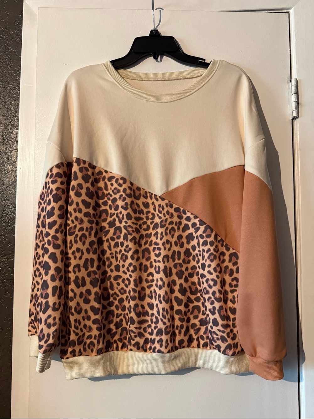 SHEIN Cream, Brown & Leopard Colorblock Crewneck Sweatshirt